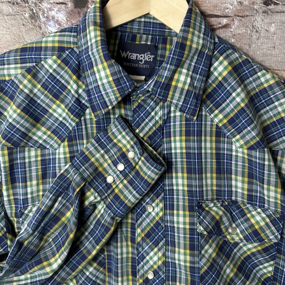 Vintage Wrangler Pearl Snap Shirt Men's M Blue Green Plaid Brushpopper Western